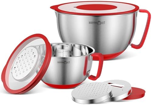 HAPPY KIT 18/8 Mixing Bowls with Lids Set of 2,Stainless Steel Mixing Bowl with Pour Spout, Non-slip Handle and Bottoms, 3 Grater Attachments, Measurement Marks & Lid, Size 5, 3QT(Red)