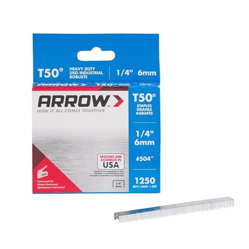 Arrow 504 T50 Heavy Duty Staples, 1/4-Inch Leg Length, 3/8-Inch Crown Width Staples for Upholstery, Construction, Furniture, Crafts, 1250-Pack