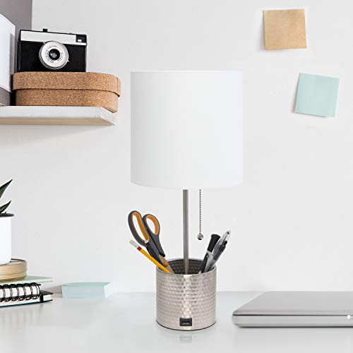 Simple Designs Lt1085-Bsn Hammered Metal Organizer Usb Charging Port And Fabric Shade Table Lamp, Brushed Nickel/White #TOP4