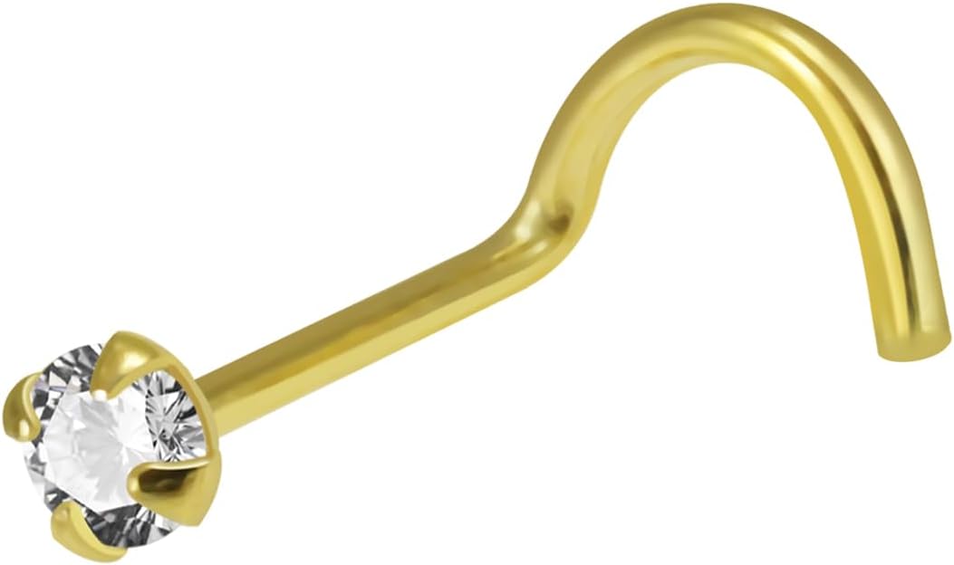 9K Solid Yellow Gold, Rose Gold, White Gold 1.5mm, 1.8mm, 2.0mm, 2.5mm Round Cz Gemstone 22 Gauge Corkscrew Twist Nose Screw - Tiny Nose Stud - Gold Nose Piercing Body Jewelry