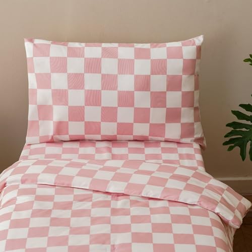 Image of CLOTHKNOW 4Pieces Pink White Plaid Toddler Bedding Sets for Girls Kids Bed | Soft, All Season, Grid Comforter, Checkerboard Bedding Sets, Soft Crib Bed Sets