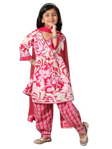 Image of superminis Girls Cotton Floral Printed Kurti Palazzo Style Salwar Set With Net Dupatta Kids Ethnic Wear Set