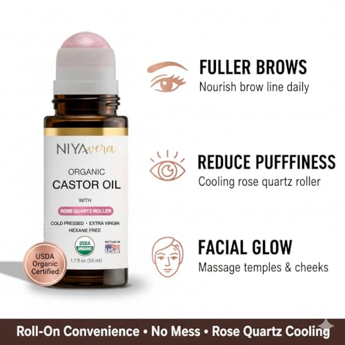 NIYAVERA Organic Castor Oil Roll on with Rose Quartz for Face and Body - Cold Pressed Hexane Free Glass Bottle Unrefined 1.7 oz