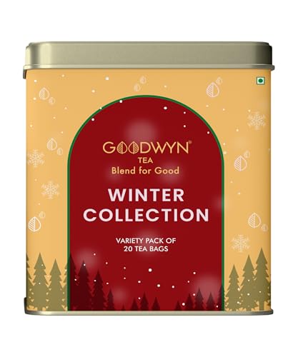Image of Goodwyn Winter Assorted Tea Collection | 20 Soothing TeaBags Gift Tin | Tulsi, Turmeric, Kashmiri Kahwa, Chamomile & Masala Chai | Wellness Herbal Chai Sampler for Cold & Sore Throat Relief