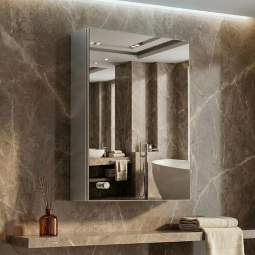 Image of Dropin (16x24 Inch, Chrome Finish 304 Stainless Steel Bathroom Mirror Cabinet, Heavy-Duty Storage Cabinet /Wall Mounted Mirror Bathroom Cabinet Separate Compartments for Storage