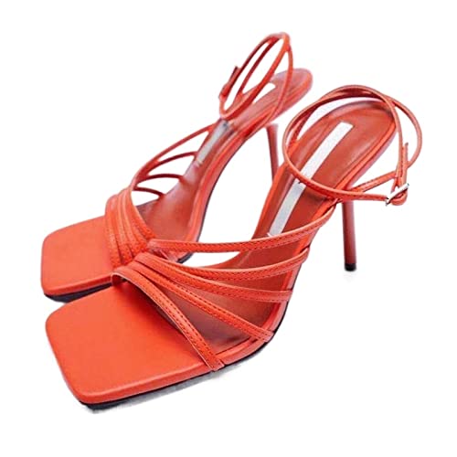 klackar för kvinnor kvinnors höga klackar, stilettsandaler sommar, festskor med öppen tå, orange och rosa(11)