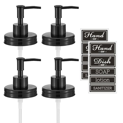 Regular Mouth Plastic Mason Jar Soap Dispenser Pumps and Lids- Rust-Proof Mason Jar Accessories Rustic Farmhouse Kitchen Counter Top Bathroom Decor and Organization - 4 Pack