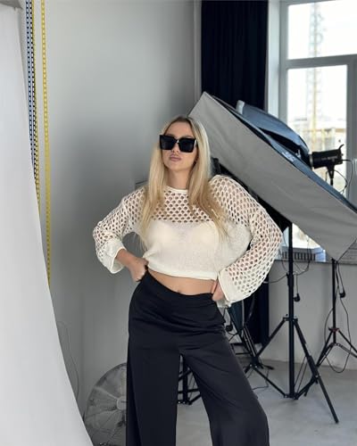 Bsubseach Crochet Swim Cover Up for Women Hollow Out Beachwear White Long Sleeve Beach Outfits L - Image 8