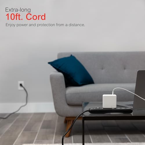 Image of GE Surge Protector Power Strip, 10 Ft Long Extension Cord, 6 Outlet Extender, 800 Joules, Flat Plug, Wall Mount, Twist-to-Close Safety Covers, ETL Safety Listed, Black, 37442