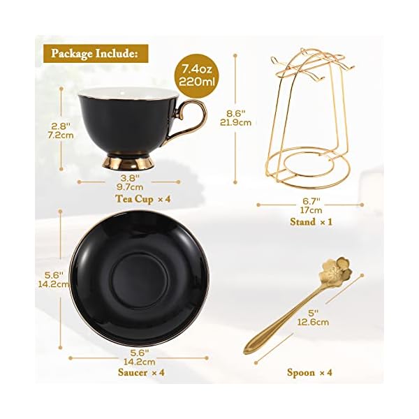 DUJUST Tea Cups and Saucers Set of 4 (7.4oz), Luxury Tea Cup Set with