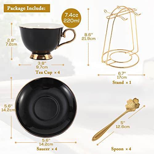 DUJUST Tazze da tè e piattini Set di 4 (220ml), Set di tazze da tè di lusso con rifiniture dorate, Tazze da caffè nere con supporto in metallo, Set da tè in porcellana britannica - Nero - immagine 6