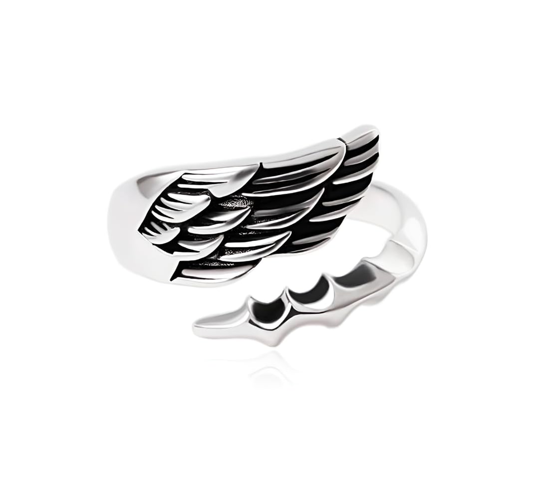 Trending Stainless Steel Silver Color Adjustable Size Funky Dainty Dragon Demon Angel Wings Feather Cuff Thumb Finger Ring For Men's And Women's-image-9