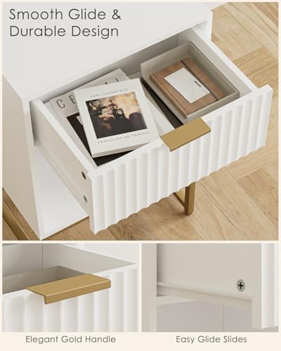 Image of Masupu White Nightstand, Fluted Night Stand, Wood Bedside Table with Storage Drawer, Modern Side End Table for Bedroom, White