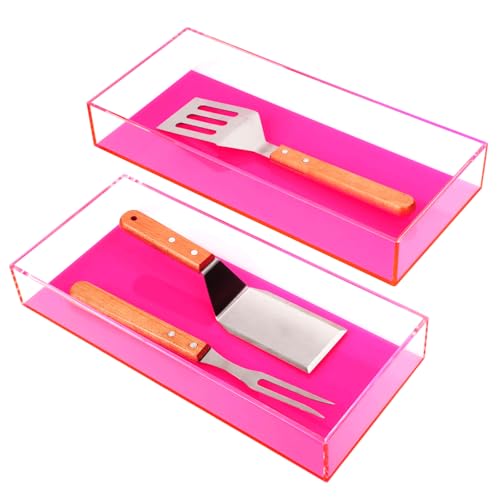 Mutellstory Stackable Silverware Drawer Organizer 2 Pack Acrylic Kitchen Utensil Holder with Neon Effect Heavy Duty Cutlery Tray Flatware Storage Box, 15.7 x 7 x 2.4'', Neon Pink