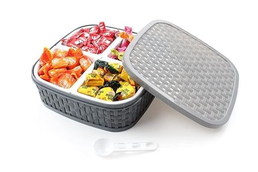Image of Dry Fruit Storage Box with 4 Compartments | Airtight Multipurpose Snack Organizer | Plastic Dry Fruit Container with Lid | Kitchen Storage Box for Nuts, Spices, Snacks (18x18x6 cm)