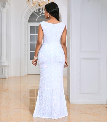 Image of dasmzper Women's Sequin Evening Gown - Elegant Sleeveless V Neck Mermaid Formal Maxi Dress for Wedding, Prom or Party