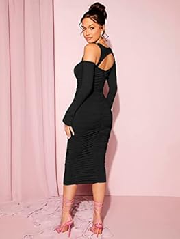 open lace back dress SHEIN BAE Asymmetrical Neck Cut Out Ruched Bodycon Dress, M1425657, Black,  XS: Buy Online at Best Price in Egypt