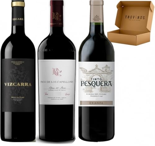 Pack Vinos Ribera del Duero - Envio 24h - Vinos Regalo - Vizacarra 15 Meses, Pago de los Capellanes Crianza, Pesquera Crianza - 3 x Botella 75 cl - Mejor Seleccion ENOVINOS THE WINE BRAND