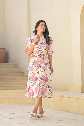 Image of Juniper Pink Floral Printed Cotton Long Dress with Belt