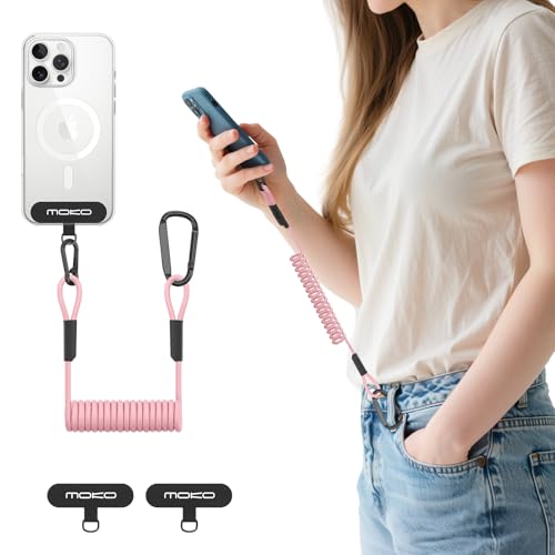 MoKo Phone Lanyard Tether with Patch, Anti-Theft Cell Phone Strap with Carabiner, Universal Stretchy Anti-drop Cellphone Lanyard for Outdoor Hiking Climbing Fishing, Fits Most Smartphones, Pink