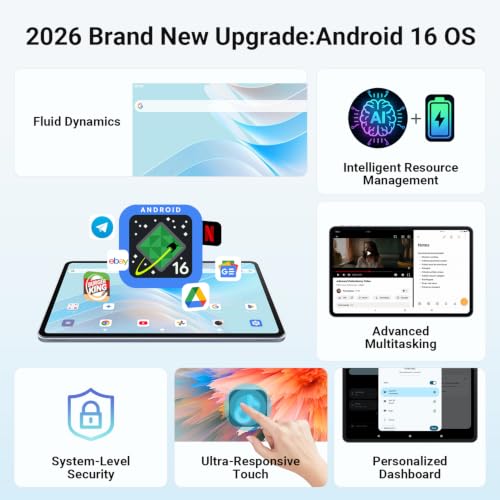 Image of Tablet 12 Inch, Android 16 Tablet, 2K IPS, 30GB RAM + 128GB, 1TB Expandable | Octa-Core T7250, Gemini AI Support, 8800mAh Battery, 13MP + 5MP Dual Camera, WiFi 6, BT 5.2, Widevine L1, GPS
