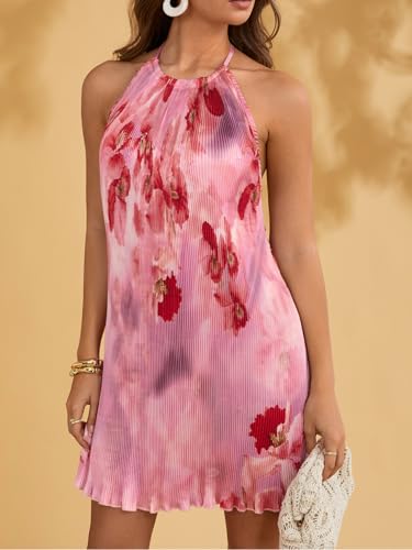 Image of SHENHE Women's Halter Dress Low Backless Tropical Tie Dye Floral Summer Beach Vacation Dresses Sundress