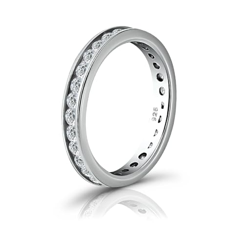 Hoops & Loops 2mm 925 Sterling Silver Wedding Band Round Cubic Zirconia Channel Set Full Eternity Stackable Engagement Anniversary Ring for Women Size 5-10