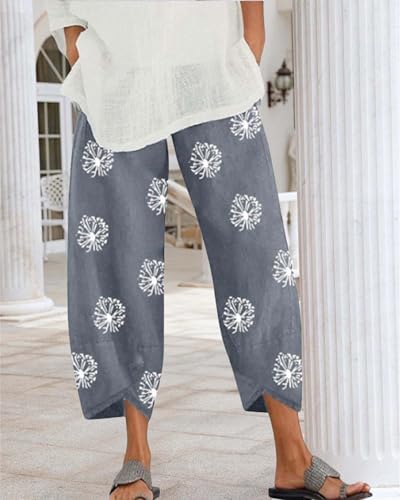 Cotton Linen Casual Summer Capri Pants for Women Printed Waist Wide Leg Palazzo Cropped Baggy Trousers with Pockets2