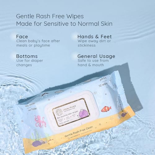 Image of Little Rituals Rash-Free Baby Wipes | 99% Pure Water | 4x Thicker, Plant-Based Cloth, pH 5.5 | Enriched with Chamomile, Sacha Inchi Oil & Pro Vitamin B | Gentle, Moisturizing & Soothing | Dermatologically Tested | 72 Wipes /Pack (Pack of 1)