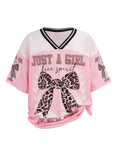 Girl's Leopard Bow Graphic Mesh Jersey Y2K Color Block Short Sleeve V Neck Tee Shirts
