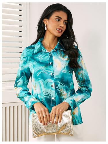 WDIRARA Women's Marble Print Button Down Long Sleeve Shirt Collar Blouse Top4