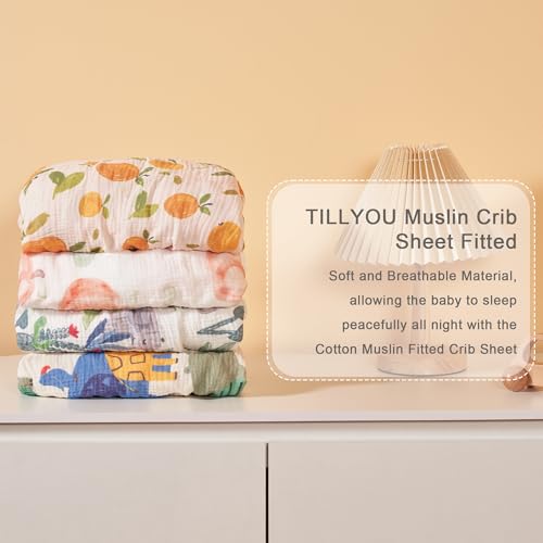 Image of TILLYOU Muslin Crib Sheets for Boys and Girls 2 Pack, Neutral Soft Cotton Baby Crib Mattress Protector, for 52x 28 Toddler Bed, Rainforest Elephant & Grey