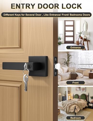 Image of Tinewa Square Entry Door Lever with Lock and Key, Matte Black Entrance Door Handles, for Exterior or Interior Doors,1 Pack (Each with 3 Keys)