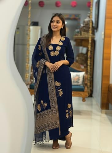 Image of ANNI Designer Women's Rayon Viscose Straight fit Printed Embroidered Kurta with Pant & Dupatta | Ethnic Kurta Set for Women | Daily, Office & Festive Traditional