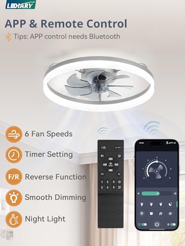 Image of LEDIARY Ceiling Fans with Lights, 20 inch Low Profile Flush Mount Ceiling Fan, Dimmable LED, APP & Remote Control, Quiet Reversible DC Motor, 6 Speeds, Fandelier for Bedroom, Grey