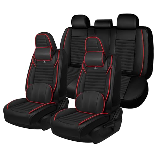 Image of Car Seat Cover for Chevy Equinox 2005-2026 Full Coverage Nappa Leather Car Seat Protector, Fashion Anti-Slip Waterproof Breathable Easy to Install, Auto Interior Accessories(Full Set,Black&Red)
