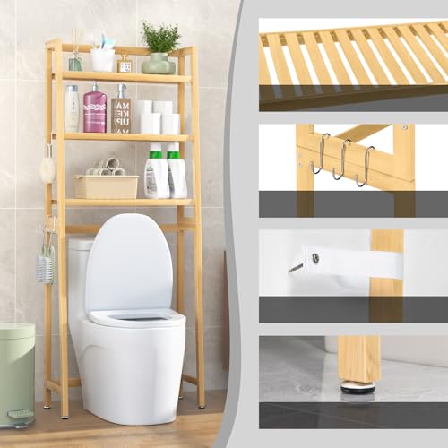 VASMIA Estante de Almacenamiento para baño, Organizador de bambú sobre el Inodoro, Ahorro de Espacio para Inodoro Independiente con estantes Ajustables de 3 Niveles, Natural - imagen 6