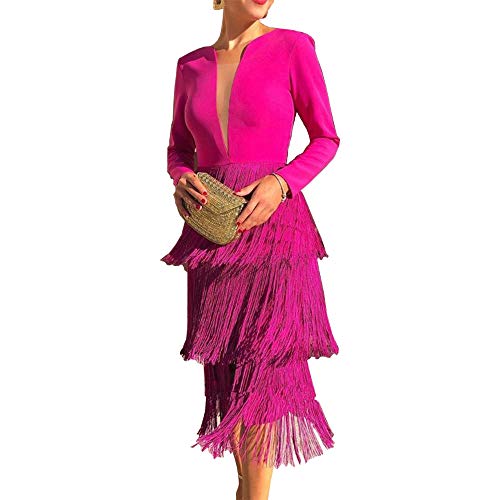 nuoshang Vestido midi de manga larga con cuello en V profundo y flecos para mujer   rojo   X Large