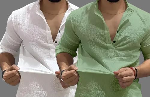 Image of MiraMichi Men's Cotton Blend Kurta | Kurta for Men Stylish Casual Short Kurta | Half Kurta Shirt Daily Use for Summer Season | Mandarin Collar Cotton Kurta's for Man Comfort
