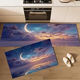 Azul Oscuro Juego de Alfombras de Cocina de 2 Piezas, Alfombras de Cielo Nocturno Agua del Lago, Antideslizantes Estilo De Ensueño Tapetes de Cocina para Pasillo Entrada Lavandería, 40x60cm+40x120 cm