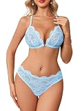 Avidlove Lace Lingerie Set for Women Sexy Front Closure Matching Bra and Panty Sets 2 Piece Wireless Outfits Light Blue M