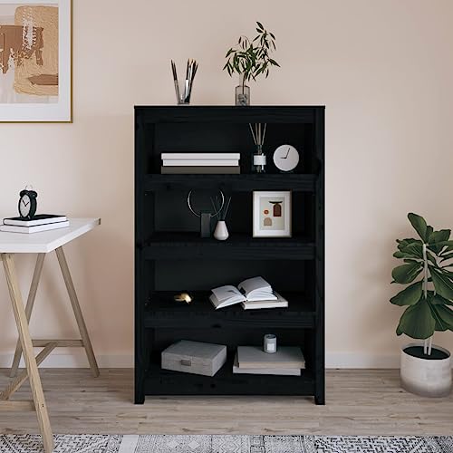 Librería negra de madera con amplio espacio para libros y decoración en el hogar 2
