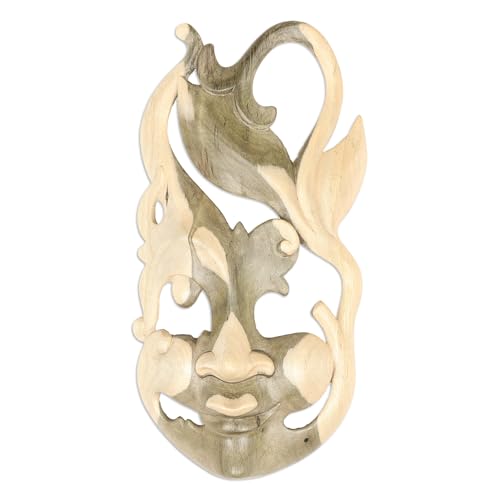 NOVICA Decorative Leaf And Tree Hibiscus Wood Mask, Beige, Lotus Life'