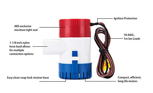 Dontmiss Submersible Boat Bilge Water Pump 12v 1100gph Non-Automatic Marine Electric Bilge Pump for Ponds, Pools, Spas Silent, Boat Caravan RV Submersible(Outlet Diameter: 1 1/8\")