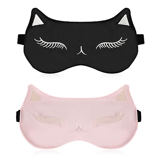 Cute Eye Mask for Sleeping,2 Pcs Silk Eye Sleep Mask Cat Sleep Mask Adjustable Eyeshade Mask Satin Sleep Mask Travel Eye Cover Sleep Mask for Women Girls, Smooth Soft Breathable Lightweight