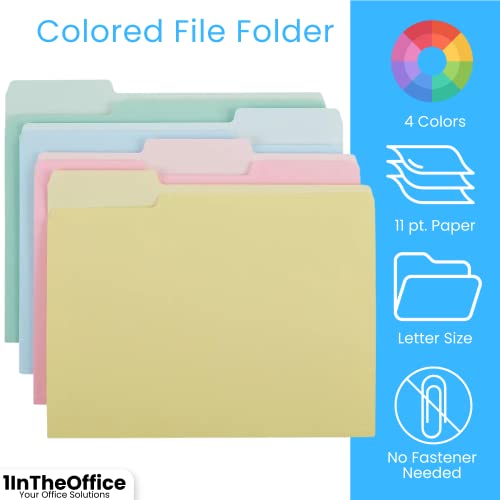 1Intheoffice File Folders, Colored File Folders Letter Size, Top-Tab File Folders, 3 Tab, 5 Assorted Pastel File Folders, 24/Pack #TOP1