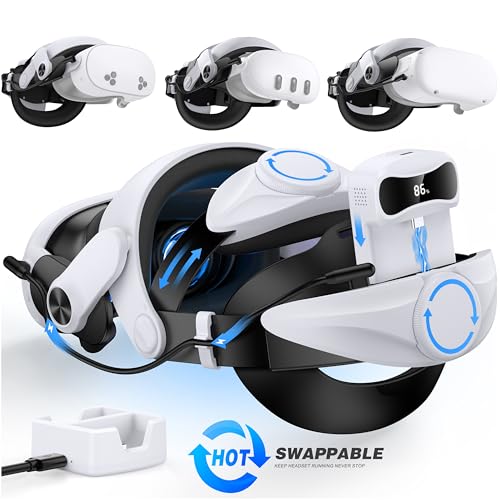 Head Strap for Meta Quest 3/3S/2, VR Headset Strap with Digital Battery and Charger Dock – Balanced & Extended 4H, Flip-Up Design, Adjustable Double Dials, Enhanced Comfort