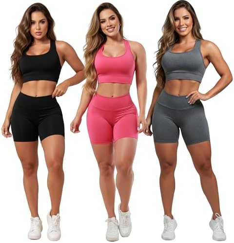 Kit 3 Conjuntos Fitness Top e Short para Academia Roupas Feminina...