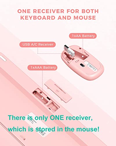 Pink Wireless Keyboard And Mouse With Usb And Type C Receiver, Peious Cute Wireless Keyboard Mouse Combo, Round Key Usb C Rose Gold Keyboard Compatible With Macbook, Windows 7/8/10, Laptop (Pink) #TOP1