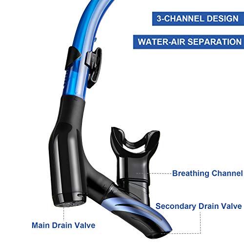 Foto von Dorlle Schnorchelset Schnorcheln Set mit Schnorchel und Taucherbrille，wasserdichte Tauchmaske Anti-Fog Anti-Leck aus Gehärtetem Glas，mit 3-Kanal Premium Dry Schnorchel für Erwachsene ，Schwarz/blau